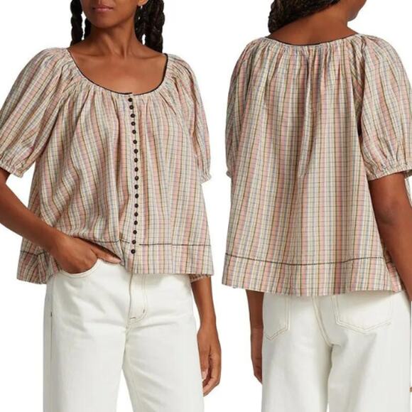 NEW The Great. Puff Sleeves Button Front The Porch Cotton Top Pastel Plaid - Picture 1 of 8